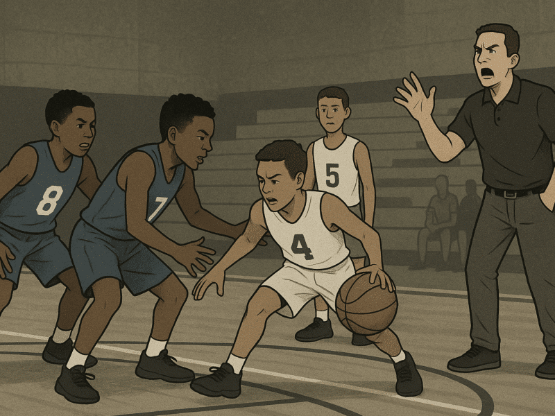 Youth basketball players struggle to break a press while teammates stand idle, illustrating development challenges in AAU basketball.